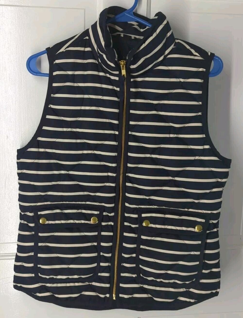 J Crew Down Puffer Vest Women Small Quilted Navy/ White Style # 02727 EUC